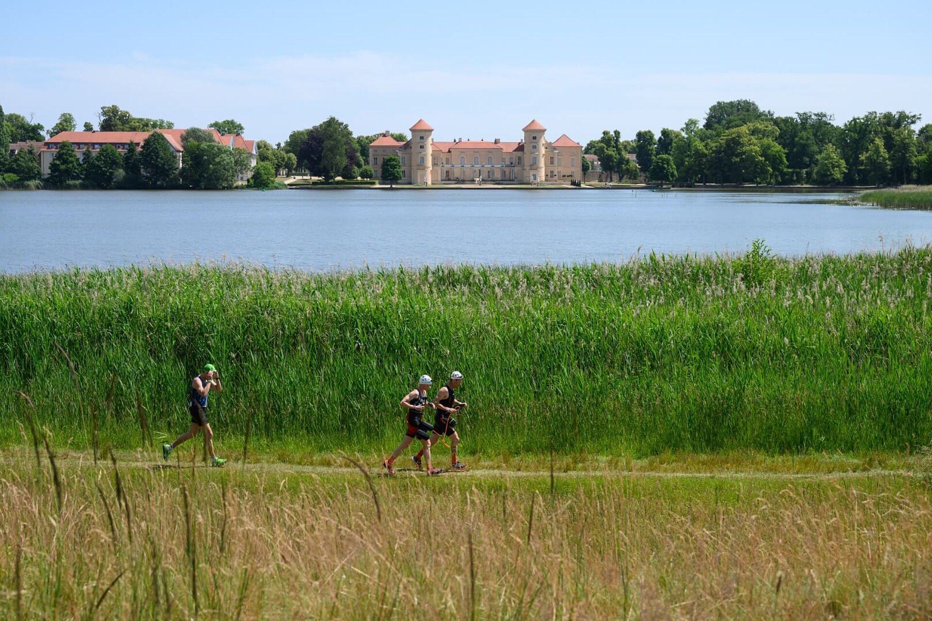 Drei Läufer:innen laufen vor dem Schilfmeer am Ufer des Sees. Zentral auf der anderen Seite des Sees das Schloss Rheinsberg.
